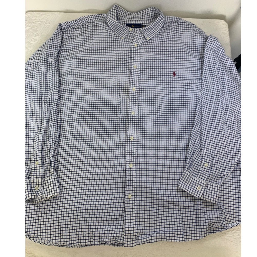 Ralph Lauren Mens 4XB Big & Tall Blue White Check Button Down Shirt Long Sleeve